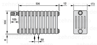 Схема (чертеж) Радиатор Zehnder Charleston 5030/11 №V007 Белый глянцевый RAL 9016